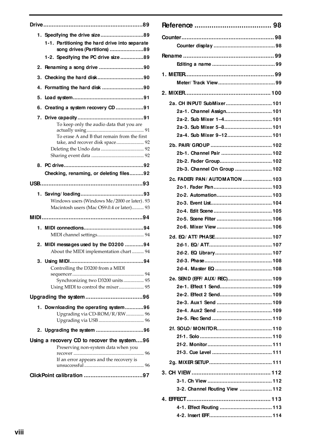 Korg D3200 owner manual Reference, Viii 