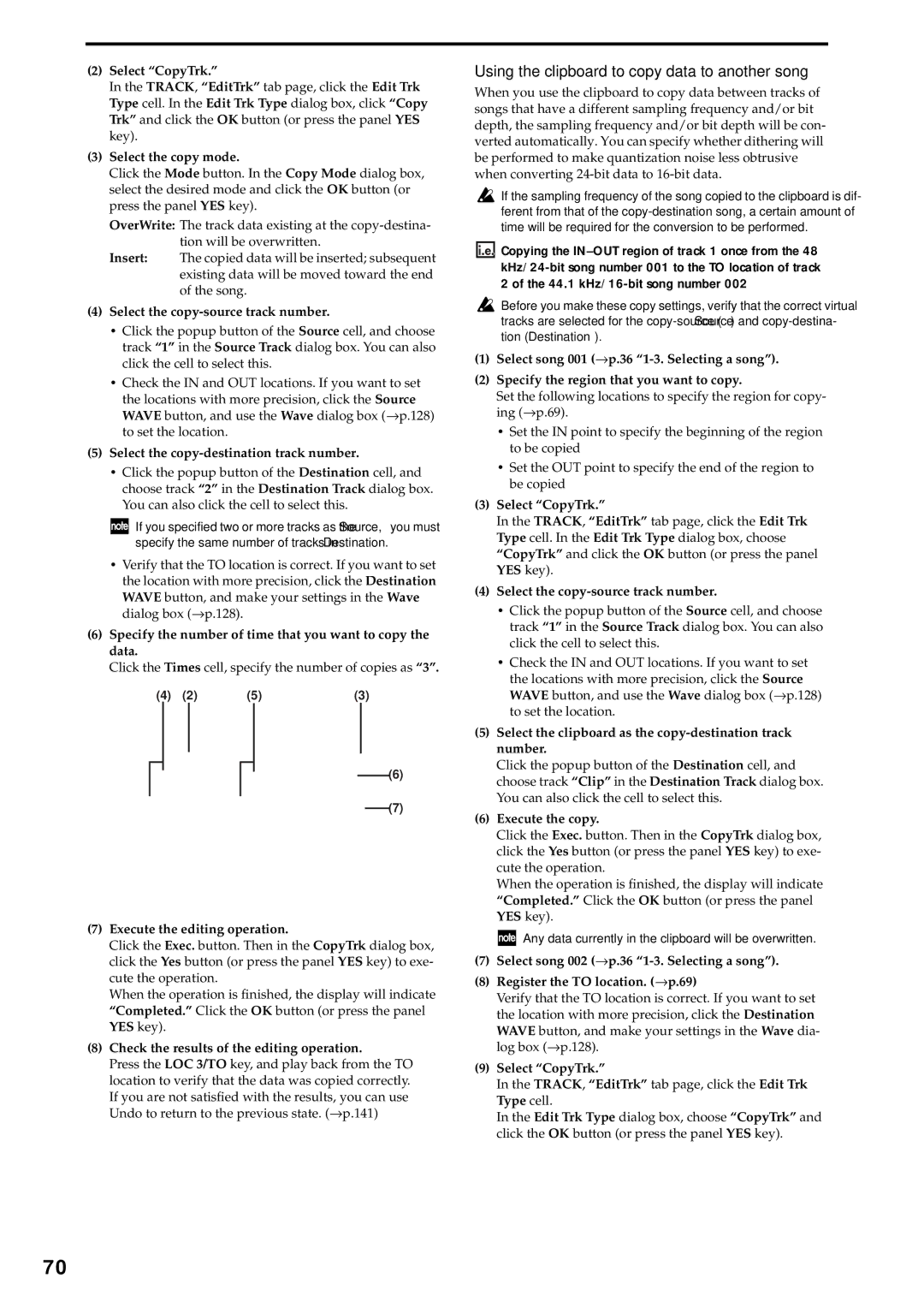 Korg D3200 owner manual Using the clipboard to copy data to another song 