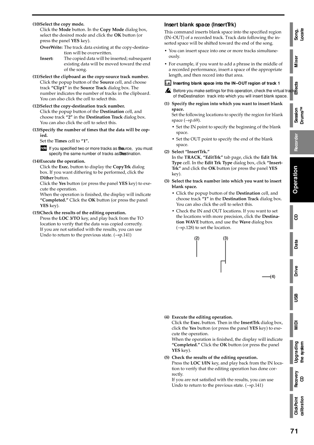 Korg D3200 owner manual Insert blank space InsertTrk 