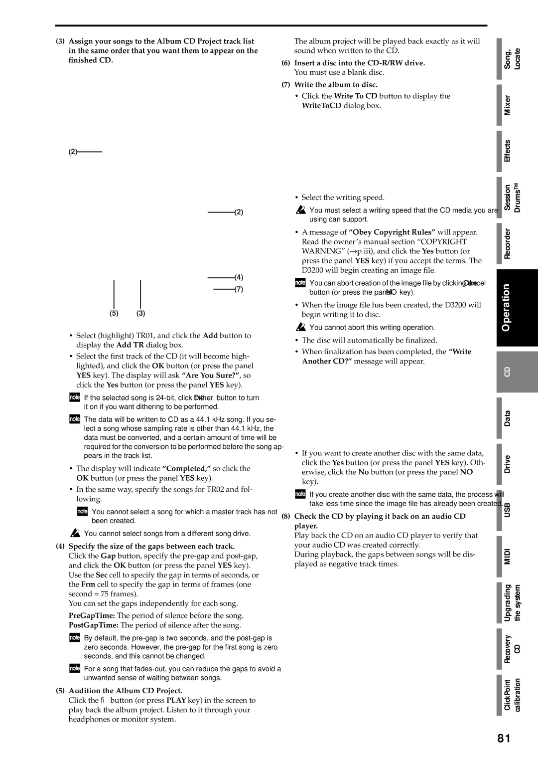 Korg D3200 owner manual Song Locate Mixer Effects Session Drums Recorder, Specify the size of the gaps between each track 