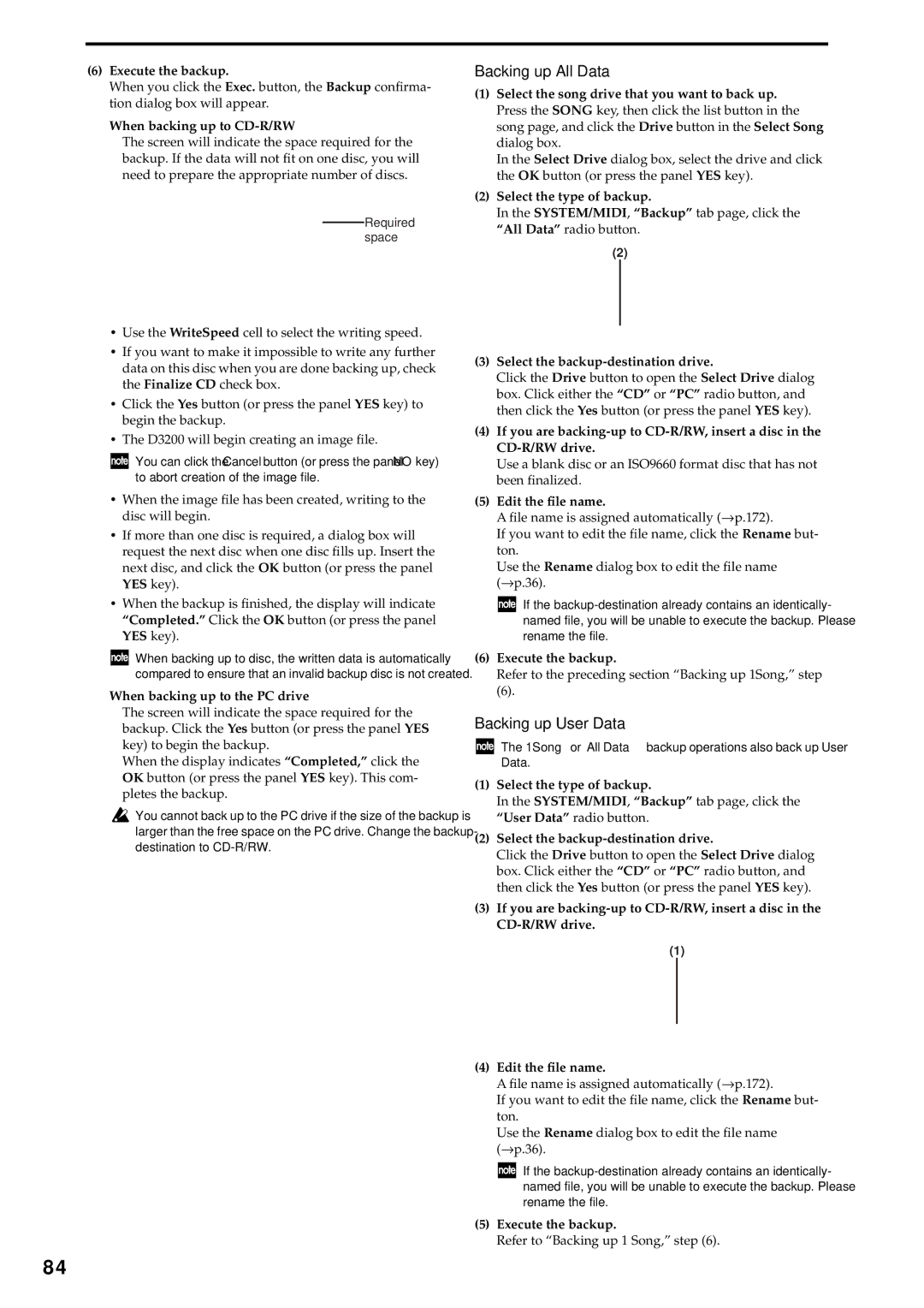 Korg D3200 owner manual Backing up All Data, Backing up User Data, Execute the backup, When backing up to CD-R/RW 