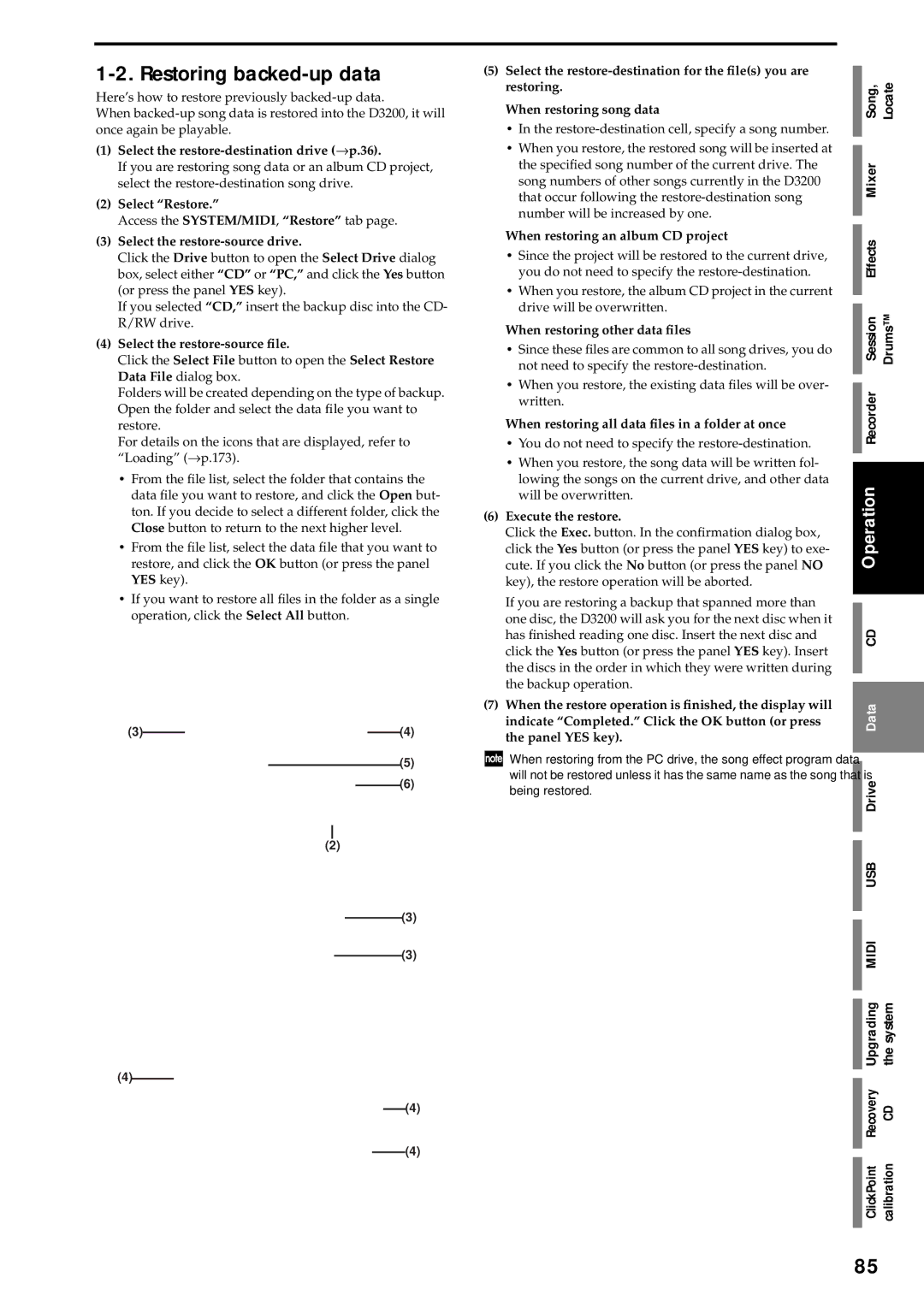 Korg D3200 owner manual Restoring backed-up data 