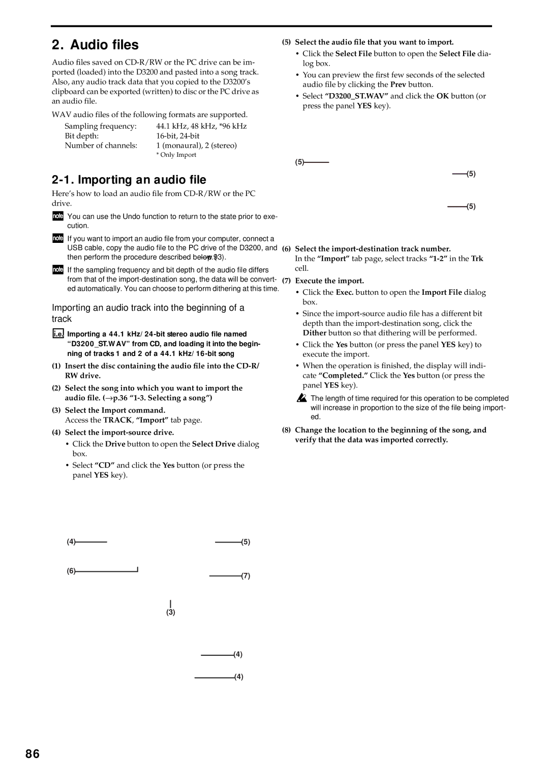 Korg D3200 owner manual Audio ﬁles, Importing an audio ﬁle, Importing an audio track into the beginning of a track 