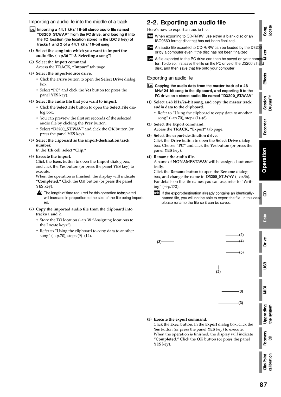 Korg D3200 owner manual Exporting an audio ﬁle, Importing an audio ﬁle into the middle of a track 