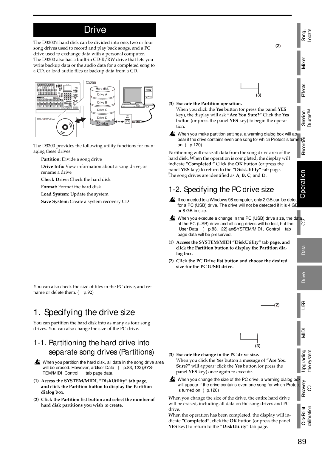 Korg D3200 owner manual Specifying the drive size, Specifying the PC drive size 