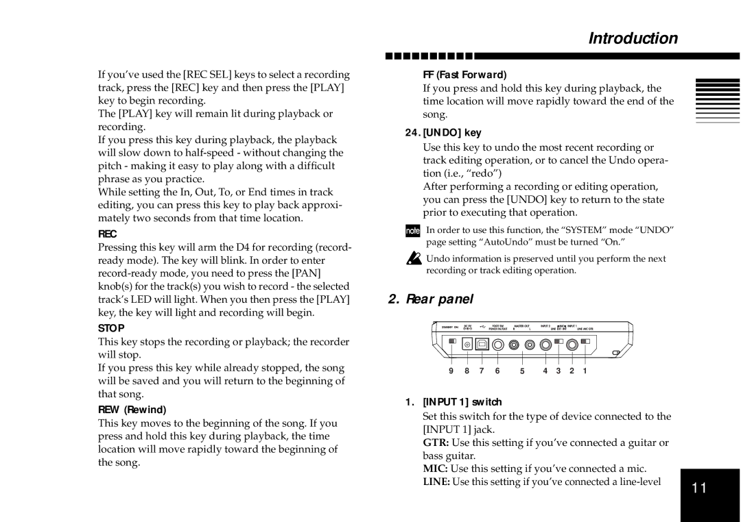 Korg D4 owner manual Rear panel, Rec, Stop 