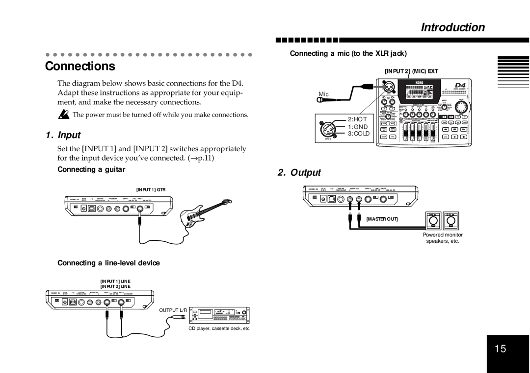 Korg D4 owner manual Connections, Input, Output 