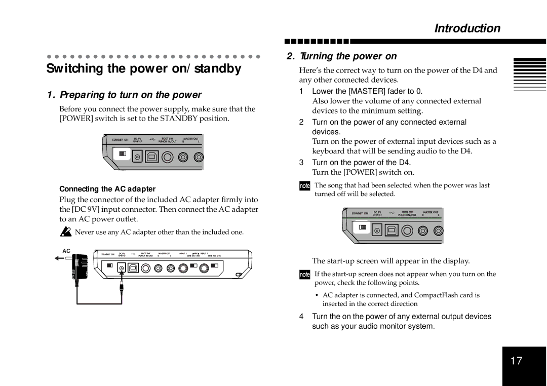 Korg D4 Switching the power on/standby, Preparing to turn on the power, Turning the power on, Connecting the AC adapter 