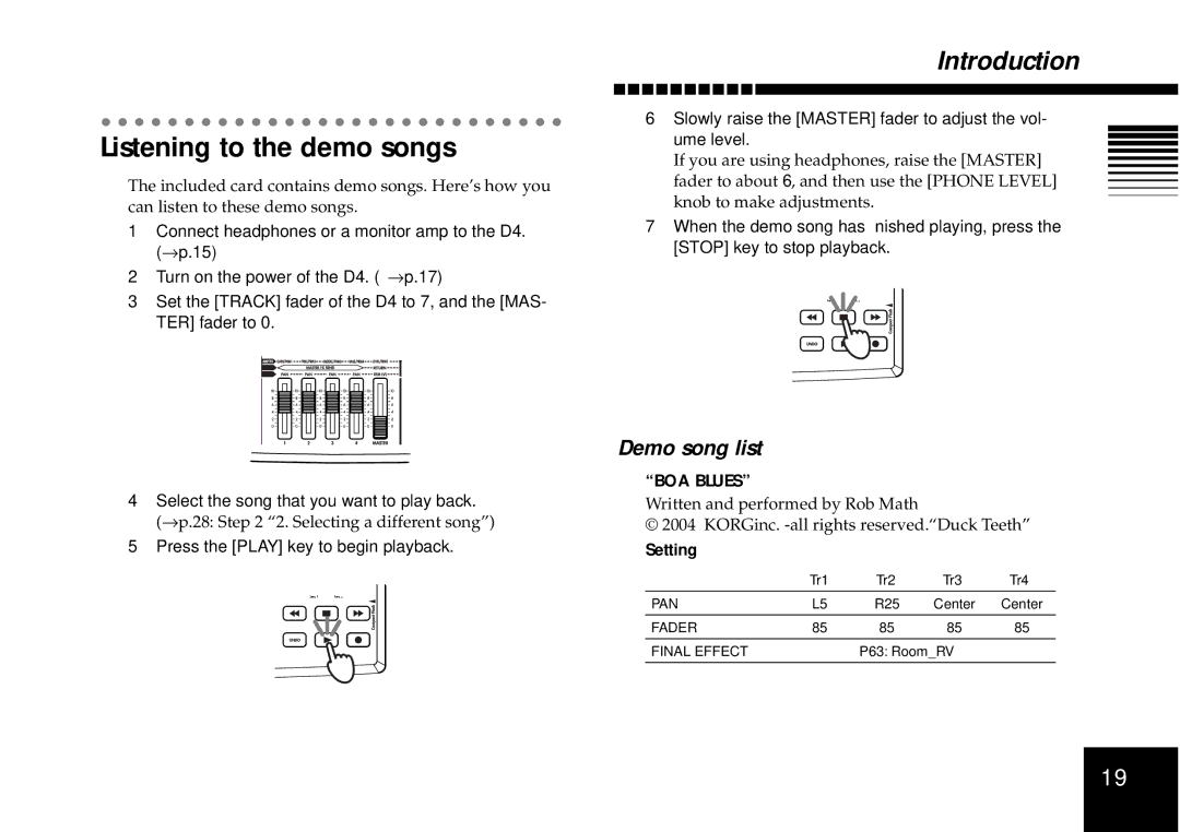 Korg D4 owner manual Listening to the demo songs, Demo song list, BOA Blues, Setting 