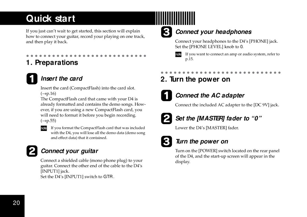 Korg Preparations, Turn the power on, Connect the included AC adapter to the DC 9V jack, Lower the D4’s Master fader 