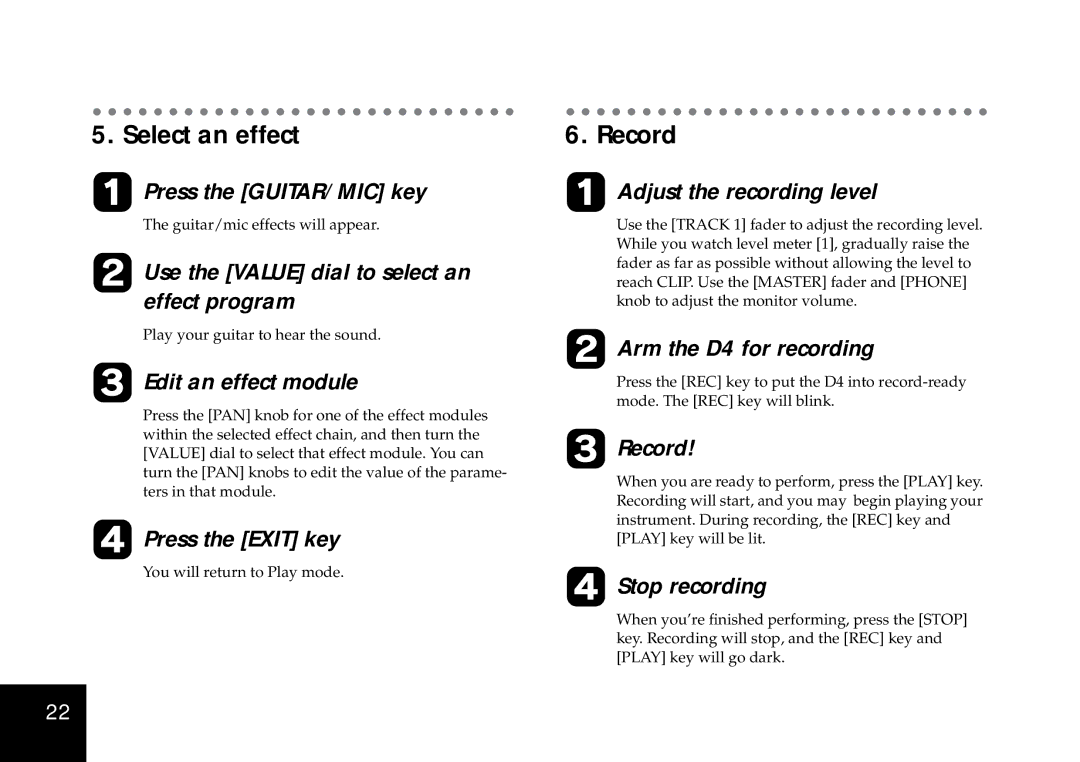 Korg D4 owner manual Select an effect, Record, Guitar/mic effects will appear, Play your guitar to hear the sound 