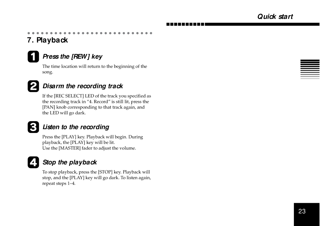 Korg D4 owner manual Playback, Time location will return to the beginning of the song 