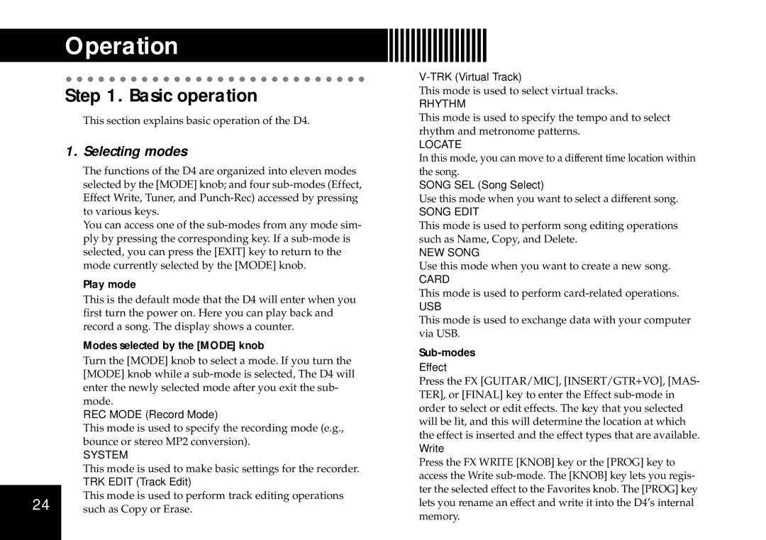 Korg D4 owner manual Basic operation, Selecting modes, Play mode, Modes selected by the Mode knob, Sub-modes 