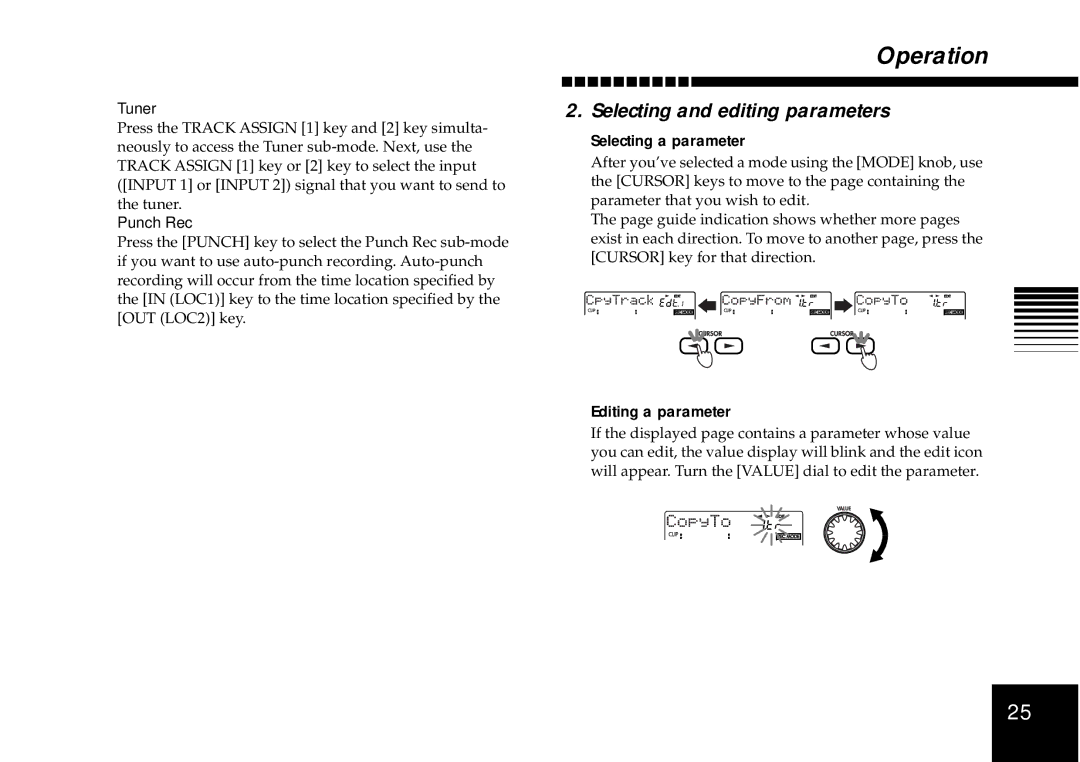 Korg D4 owner manual Selecting and editing parameters, Selecting a parameter, Editing a parameter, Tuner, Punch Rec 