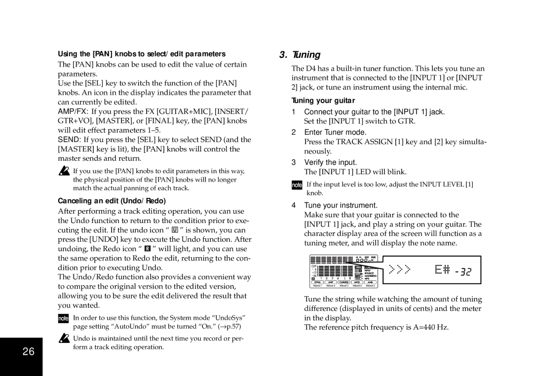 Korg D4 owner manual Using the PAN knobs to select/edit parameters, Canceling an edit Undo/Redo, Tuning your guitar 