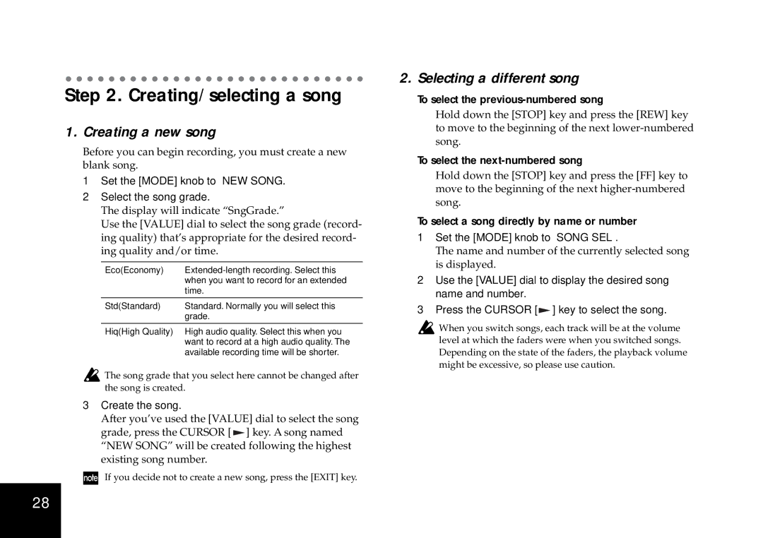 Korg D4 owner manual Creating/selecting a song, Creating a new song, Selecting a different song 