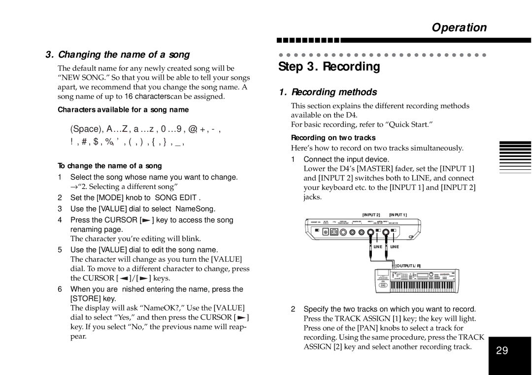 Korg D4 owner manual Changing the name of a song, Recording methods 