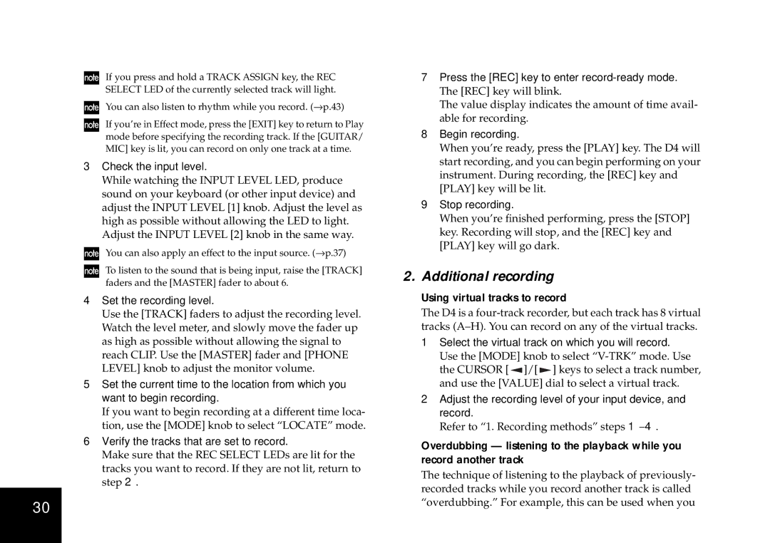 Korg D4 owner manual Additional recording, Using virtual tracks to record 