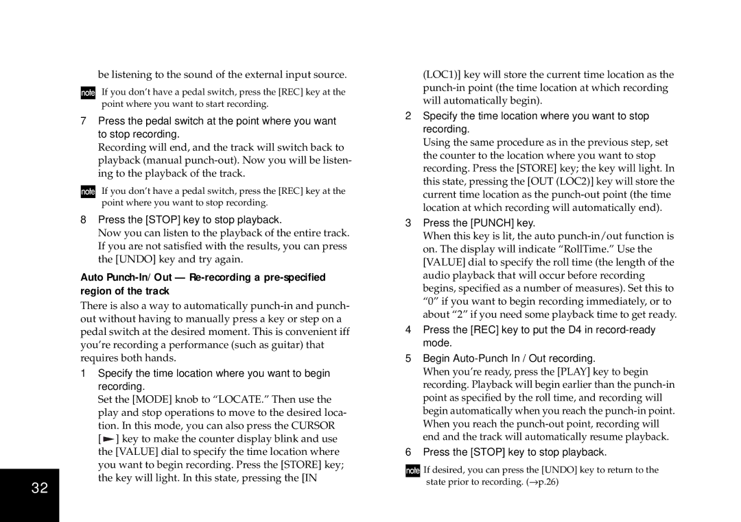 Korg D4 owner manual Press the Stop key to stop playback, Specify the time location where you want to begin, Recording 