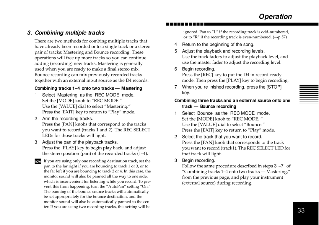 Korg D4 owner manual Combining multiple tracks, Combining tracks 1-4 onto two tracks Mastering, Arm the recording tracks 