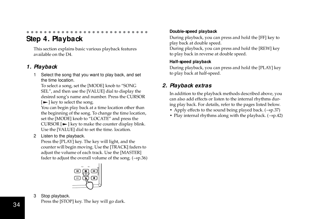 Korg D4 owner manual Playback extras, Double-speed playback, Half-speed playback 