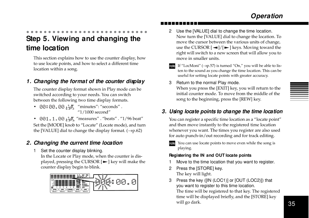 Korg D4 owner manual Viewing and changing the time location, Changing the format of the counter display 