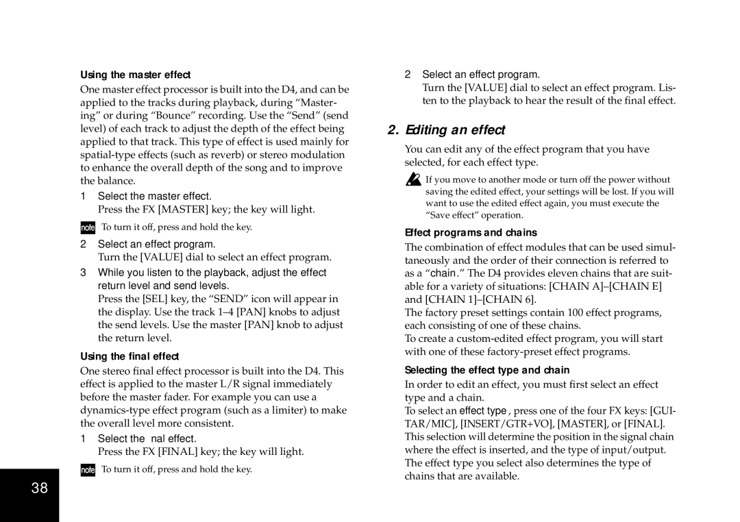 Korg D4 owner manual Editing an effect, Using the master effect, Using the ﬁnal effect, Effect programs and chains 