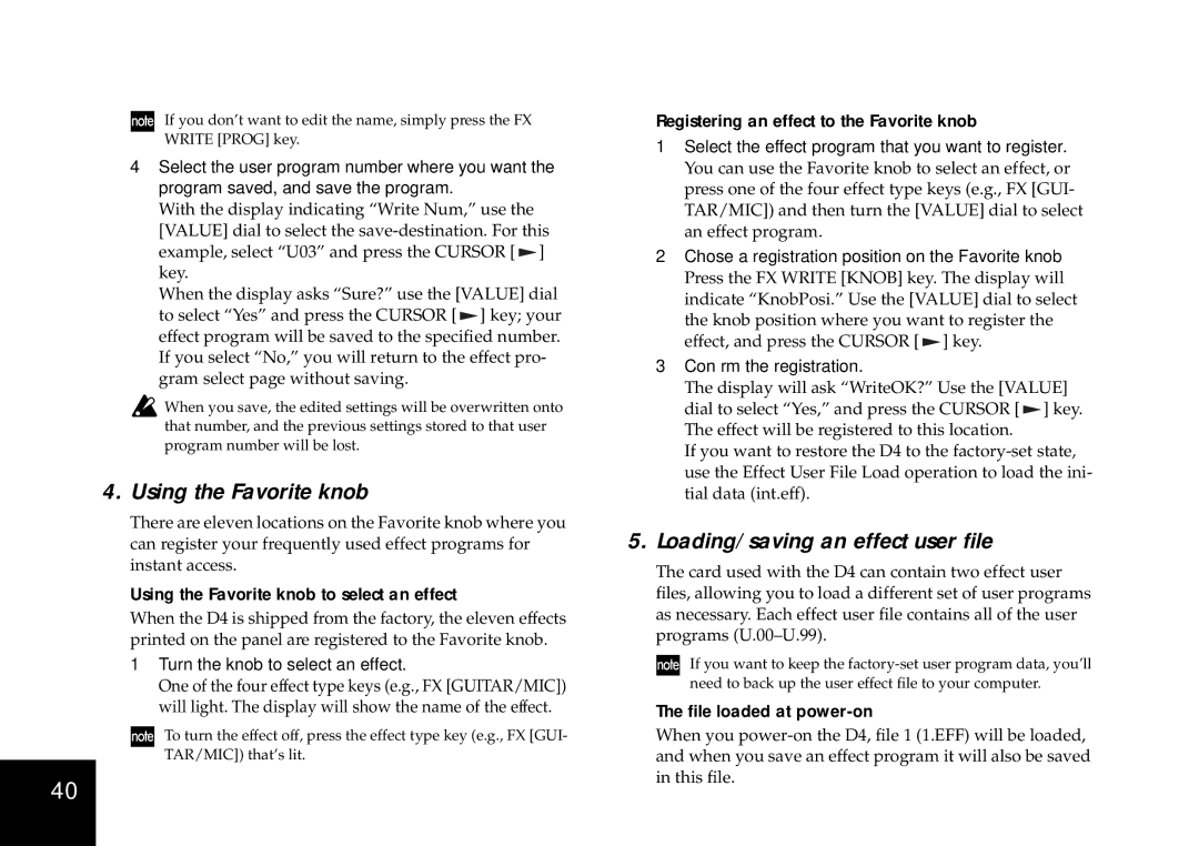 Korg D4 Loading/saving an effect user ﬁle, Using the Favorite knob to select an effect, ﬁle loaded at power-on 