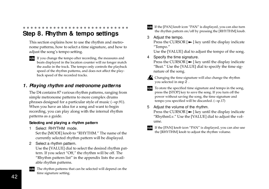 Korg D4 owner manual Rhythm & tempo settings, Playing rhythm and metronome patterns, Selecting and playing a rhythm pattern 