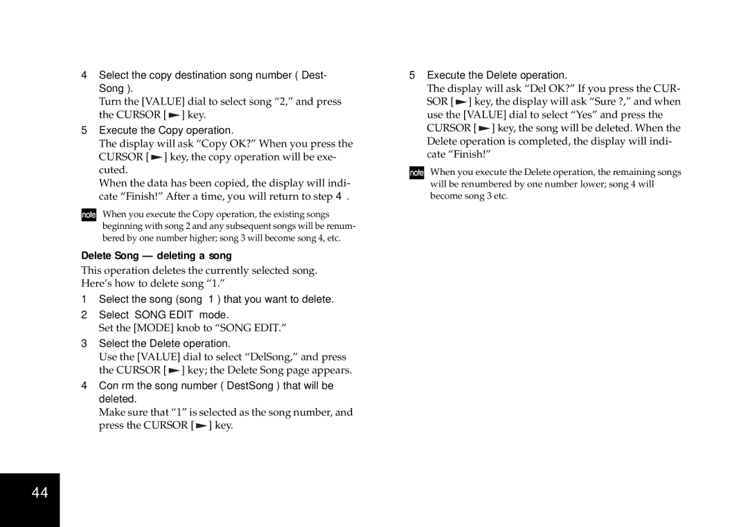 Korg D4 owner manual Delete Song deleting a song 