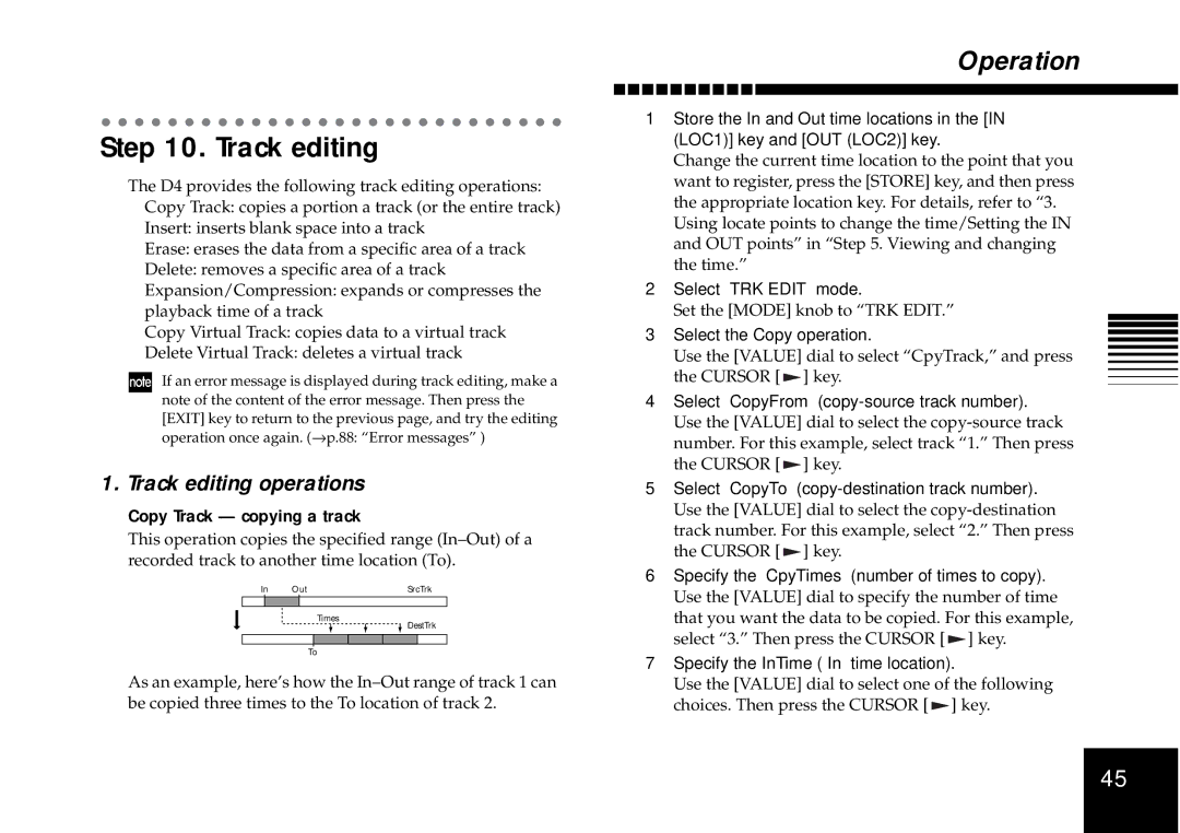 Korg D4 owner manual Track editing operations, Copy Track copying a track, Select TRK Edit mode 