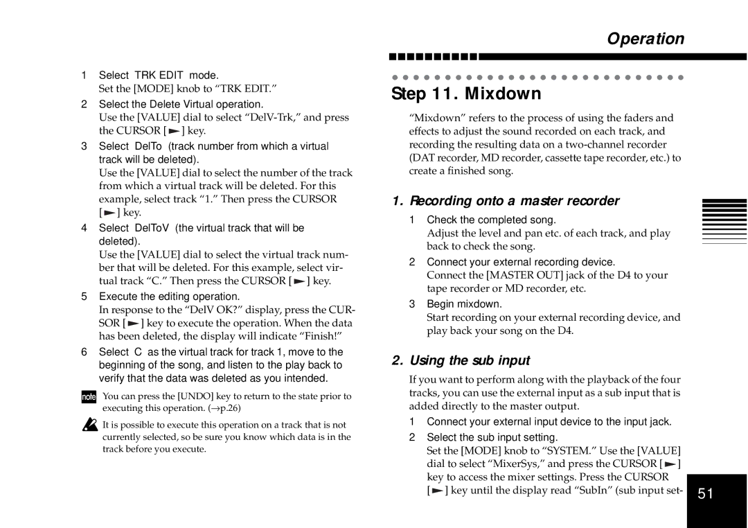 Korg D4 owner manual Mixdown, Recording onto a master recorder, Using the sub input 
