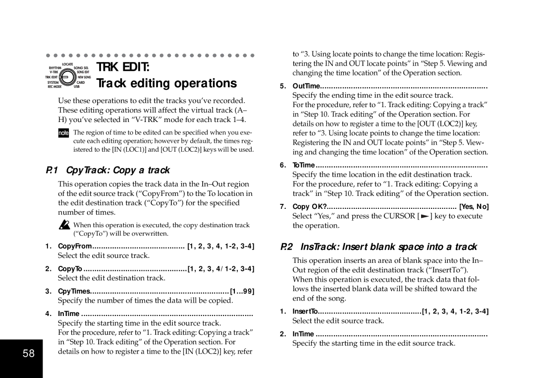 Korg D4 owner manual TRK Edit, Track editing operations, CpyTrack Copy a track, InsTrack Insert blank space into a track 