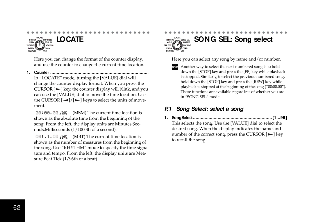 Korg D4 owner manual Locate, Song Select select a song, Counter, SongSelect 