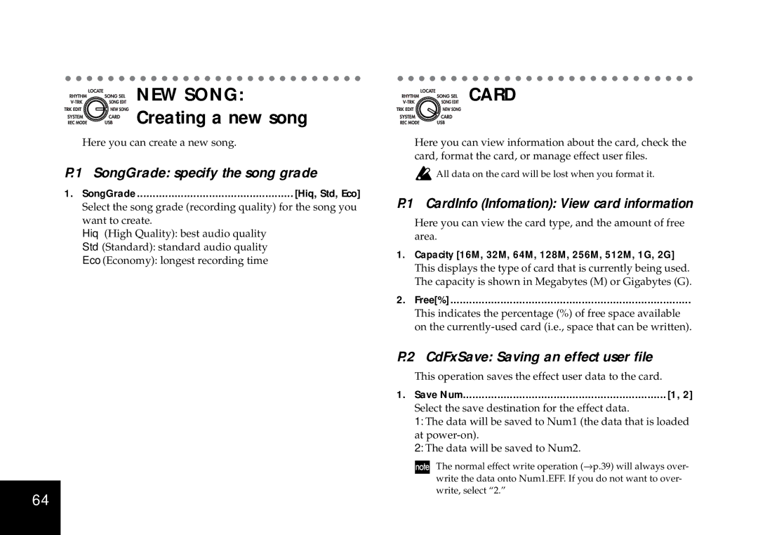 Korg D4 owner manual SongGrade specify the song grade, CardInfo Infomation View card information 