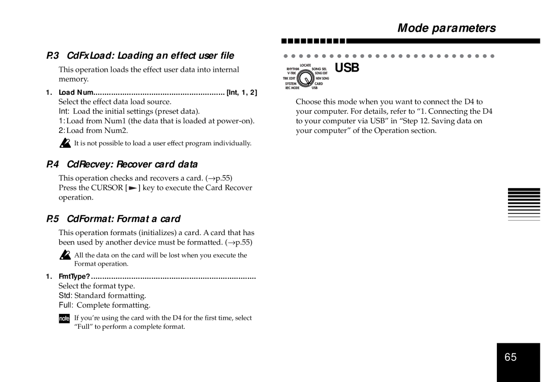 Korg D4 owner manual Usb, CdFxLoad Loading an effect user ﬁle, CdRecvey Recover card data, CdFormat Format a card 