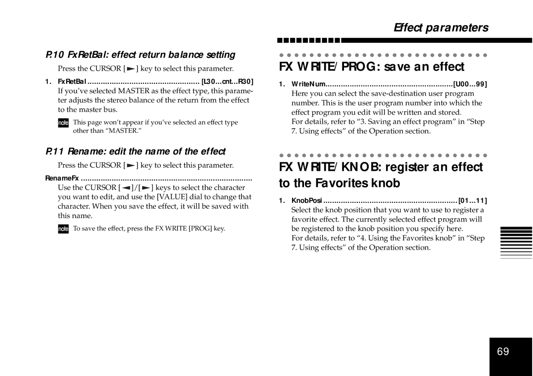 Korg D4 owner manual FX WRITE/PROG save an effect, FX WRITE/KNOB register an effect to the Favorites knob 