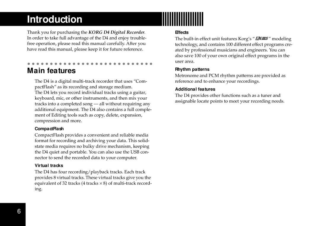 Korg D4 owner manual Main features 