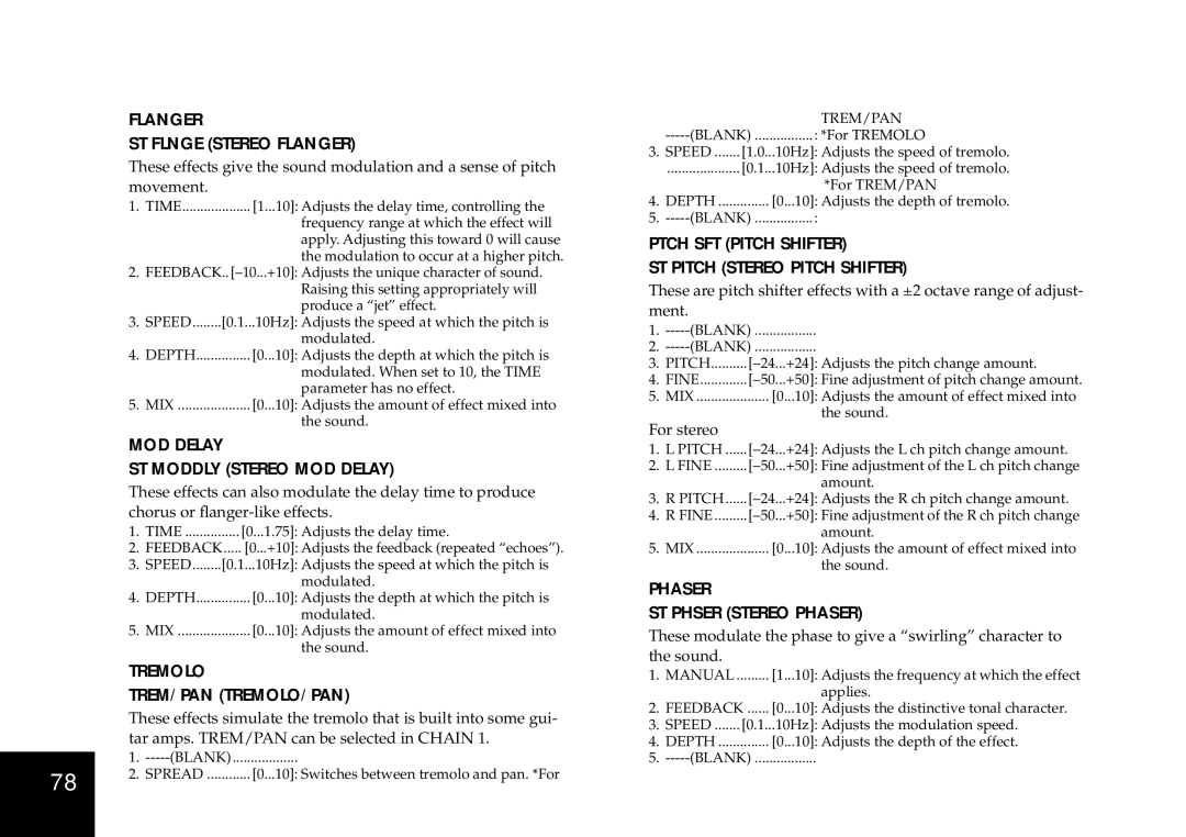 Korg D4 owner manual Flanger ST Flnge Stereo Flanger, MOD Delay ST Moddly Stereo MOD Delay, Tremolo TREM/PAN TREMOLO/PAN 