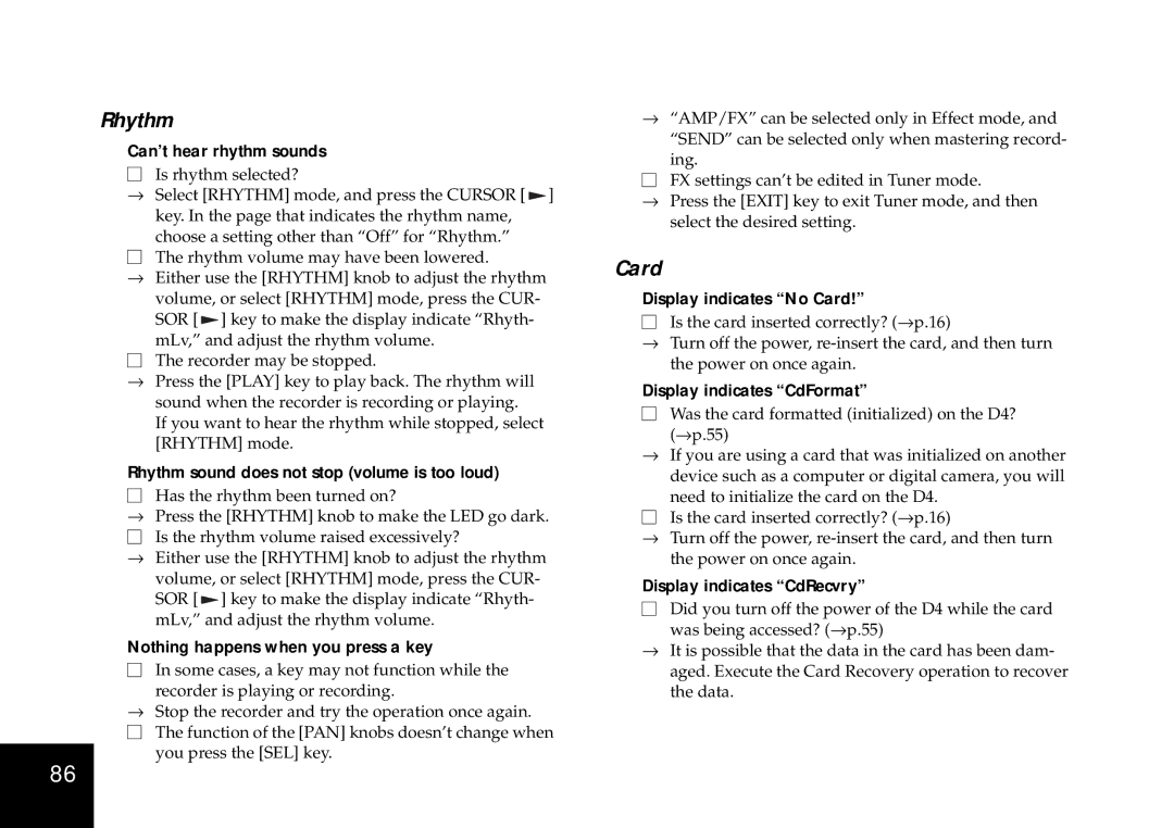 Korg D4 owner manual Rhythm, Card 