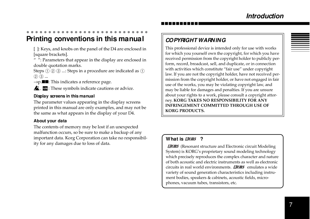 Korg D4 owner manual Printing conventions in this manual, Display screens in this manual About your data 