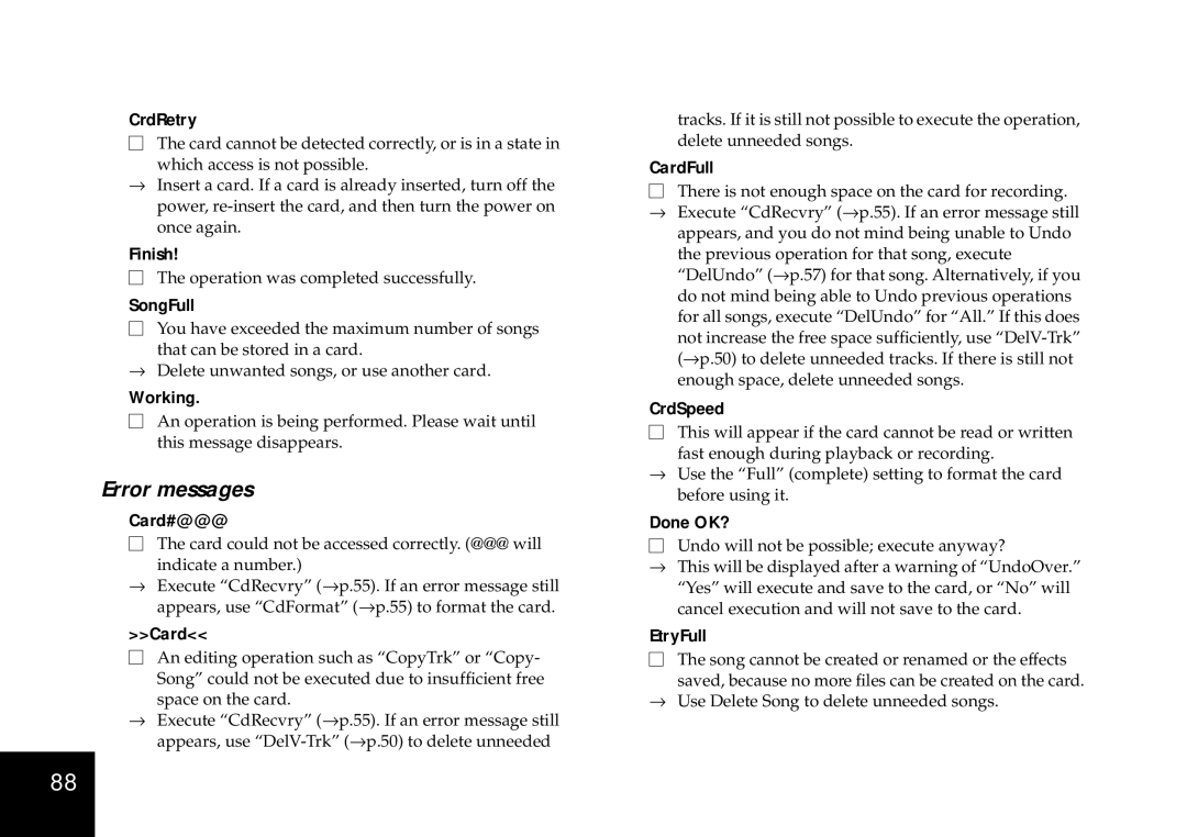 Korg D4 owner manual Error messages 