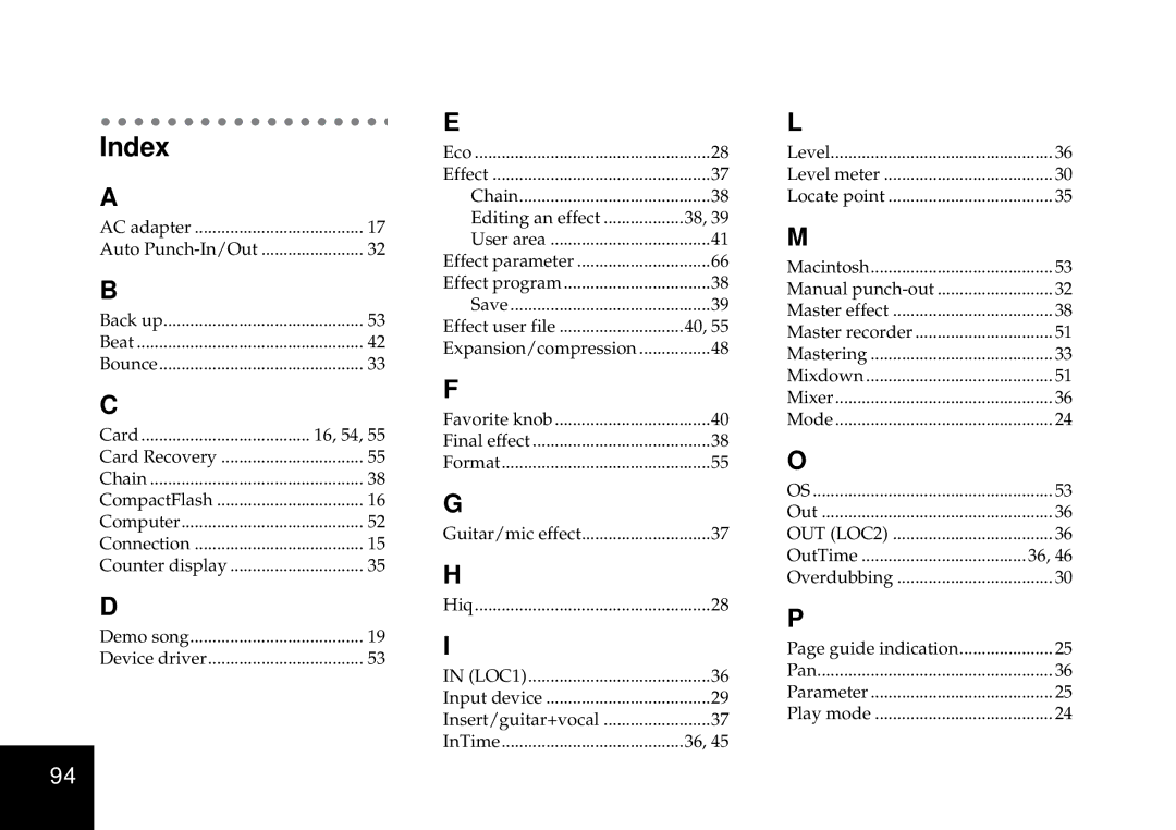 Korg D4 owner manual Index, Insert/guitar+vocal 