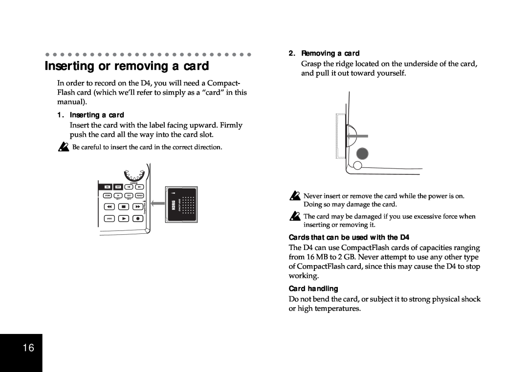 Korg Inserting or removing a card, Inserting a card, Removing a card, Cards that can be used with the D4, Card handling 