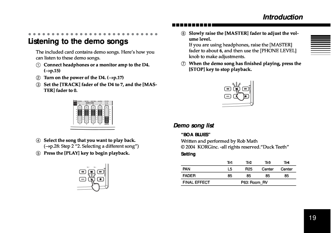Korg D4 owner manual Listening to the demo songs, Demo song list, “Boa Blues”, Setting, Introduction 