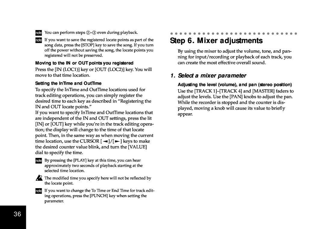 Korg D4 owner manual Mixer adjustments, Select a mixer parameter, Moving to the IN or OUT points you registered 