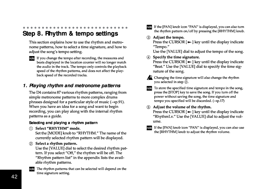Korg D4 owner manual Rhythm & tempo settings, Playing rhythm and metronome patterns, Selecting and playing a rhythm pattern 