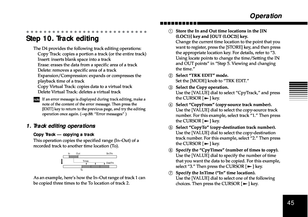 Korg D4 owner manual Track editing operations, Copy Track - copying a track, Operation, 2Select “TRK EDIT” mode 