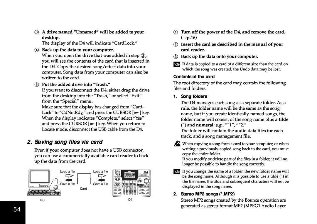 Korg D4 owner manual Saving song ﬁles via card, Contents of the card, Song folders, Stereo MP2 songs *.MP2 