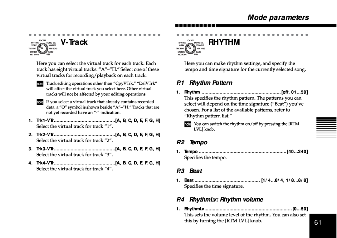 Korg D4 owner manual V-Track, P.1 Rhythm Pattern, P.2 Tempo, P.3 Beat, P.4 RhythmLv Rhythm volume, Mode parameters 